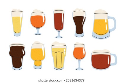 Tipos de cerveja. Um guia visual para tipos de cerveja. Vários tipos de cerveja em copos recomendados. Ilustração vetorial