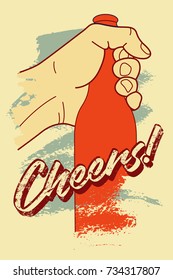 Beer typographical vintage style grunge poster. The hand holds a bottle of beer. Retro vector illustration.