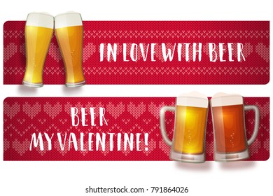 Beer valentine poster. Two glasses and two mugs on a sweater background. Vintage hearts knit pattern. In love with beer hand drawn lettering