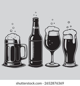 Beer Variety Vector Illustration of Different Beer Containers with Foam