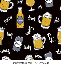 Beer in various containers seamless vector pattern. Alcohol in a mug, glass, can, bottle. Foamy drink on a black background. Hand drawn cold ale. Backdrop with text. Colored doodle.