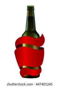 Beer vector bottle icon with red ribbon