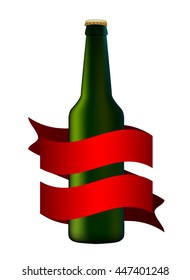 Beer vector bottle icon with red ribbon