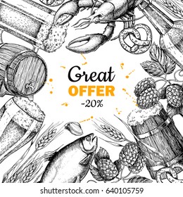 Beer vector discount banner. Alcohol beverage hand drawn special offer. Beer glass, mug, wooden mug, bottle, barrel, snack, hop, wheat, fish, crayfish engraving. Great for bar, pub, menu, oktoberfest