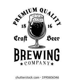 Beer vector emblem, label, badge or logo in monochrome vintage style with glass isolated on white background