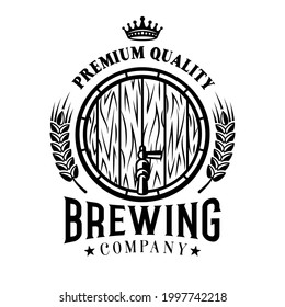 Beer vector emblem, label, badge or logo in monochrome vintage style with barrel isolated on white background