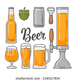 Beer vector flat icons set - bottle, glass, tap, can, hop. Vintage vector flat illustration. Isolated on white background. For emblem, web, info graphic