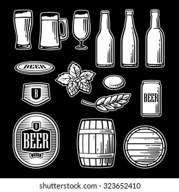 Beer vector flat icons set - bottle, glass, barrel, pint. 
Vector flat illustration isolated on black background. Hand drawn design element for label and poster