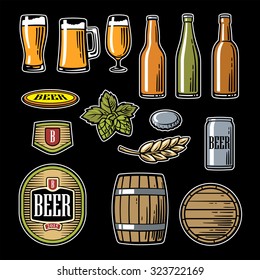 Beer vector flat icons set - bottle, glass, barrel, pint, barle, malt, cover, label. Engraving vintage vector color illustration. Isolated on black background. For invitation oktoberfest festival