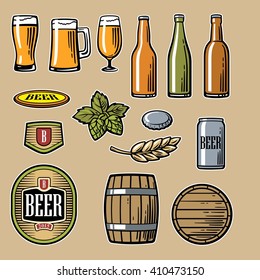 Beer vector flat icons set - bottle, glass, barrel, pint, malt, cover, label. Color, orange, green Vintage illustration. For Emblem, Logo, web, info graphic, oktoberfest festival