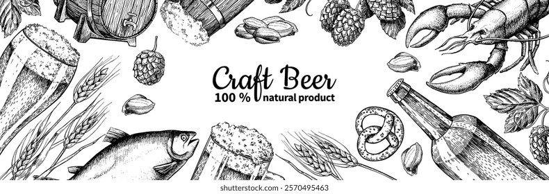 Beer vector frame banner. Alcohol beverage hand drawn illustration. Beer glass, mug, wooden mug, bottle, barrel, snack, hop, wheat, fish, crayfish engraving. Great for bar, pub, menu, oktoberfest