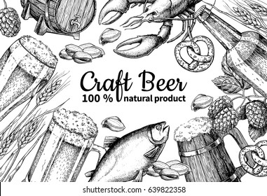 Beer vector frame banner. Alcohol beverage hand drawn illustration. Beer glass, mug, wooden mug, bottle, barrel, snack, hop, wheat, fish, crayfish engraving. Great for bar, pub, menu, oktoberfest