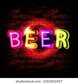 Beer. Vector glowing neon sign for outdoor advertising of a night beer bar. Isolated on a brick wall.