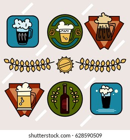 Beer vector icons. Bottle, glasses, mug, beer set.