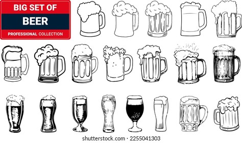 Beer vector icons set - bottle, glass, pint. 3D Illustration