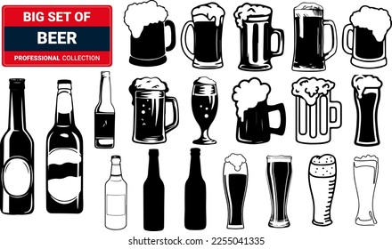 Beer vector icons set - bottle, glass, pint. 3D Illustration