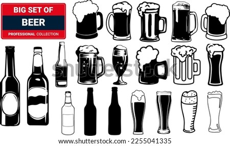 Beer vector icons set - bottle, glass, pint. 3D Illustration