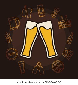 Beer Vector Illustration - Flat Two Glasses Of Beer On Brown Background. Cheers Concept Sign Or Symbol