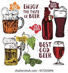 Beer. Vector illustration, handmade. Hand draw. Bottled beer. Beer is unfiltered. Beer light. Beer dark
