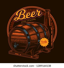 Beer vector label with wooden barrel and beer bottle. Original vector illustration in vintage style