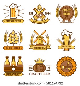 Beer vector logos templates set for brewery bar or pub, beerhouse sign or alcohol drink labels set