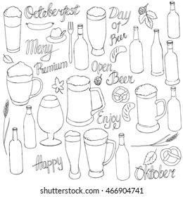 beer, vector oktoberfest set, isolated bottles,cups,glasses and lettering, alcohol drink, hand drawn illustration