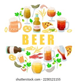 Beer vector poster. Pub alcohol drink illustration. Brewery industry or oktoberfest festival background. Bar mug filled craft and ingredient beverage round frame design template