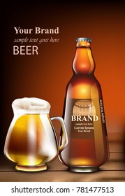 Beer Vector realistic mock up. Product packaging mock up. Glass bottle and mug. template designs