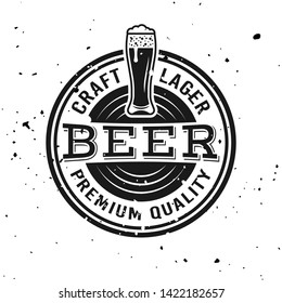 Beer vector round emblem, label, badge, stamp or logo in monochrome vintage style isolated on background with removable grunge textures