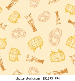 Beer Vector Seamless Background Pattern. Hand Drawn Pretzel, Barrel, and Glass Sketches. Octoberfest Celebration Greeting Card, Wrapping, Wallpaper or Cover Template.