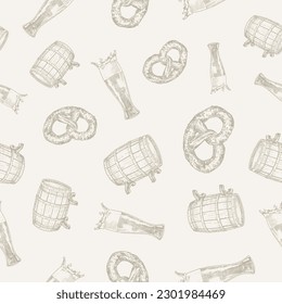 Beer Vector Seamless Background Pattern. Hand Drawn Pretzel, Barrel, and Glass Sketches. Octoberfest Celebration Greeting Card, Wrapping, Wallpaper or Cover Template