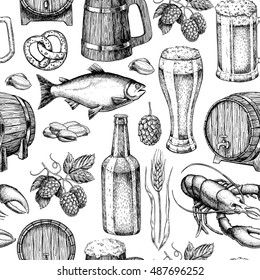 Beer vector seamless pattern. Alcohol beverage hand drawn background. Beer glass, mug, wooden mug, bottle, barrel, snack, hop, wheat, fish, crayfish. Great for bar, pub, menu, oktoberfest