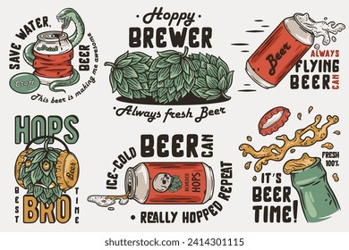 Beer vector set of bottle and beer can with snake and hop for brewery. Hop and bottle cap for alcohol craft bar