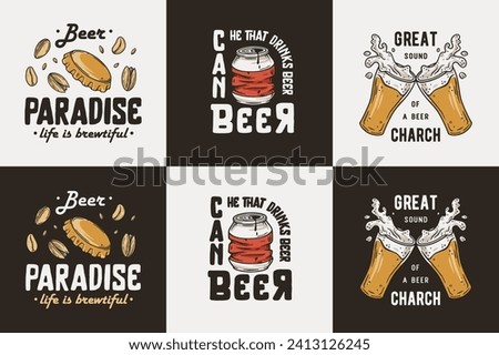 Beer vector set with can and mug for brewing. Brew design with cap and glass for bar or pub