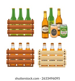Beer vector set. Packs of beer bottles in different colored wooden crates. Oktoberfest beverages. Flat vector in cartoon style.