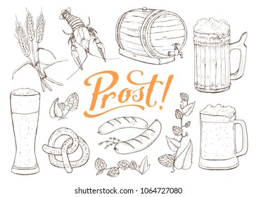 Beer vector sketch isolated on white background. Hand drawn design elements related to beer and Bavaria. Mugs, barrel, pretzel and sausages.