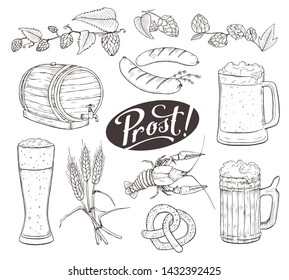 Beer vector sketch isolated on white background. Hand drawn design elements related to beer and Bavaria. Mugs, barrel, pretzel and sausages.