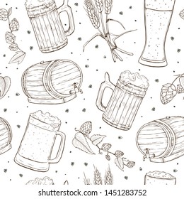 Beer vector sketch seamless pattern isolated on white background. Hand drawn design elements related to beer and Bavaria. Mugs, barrel, hop branches and wheat spikelets.