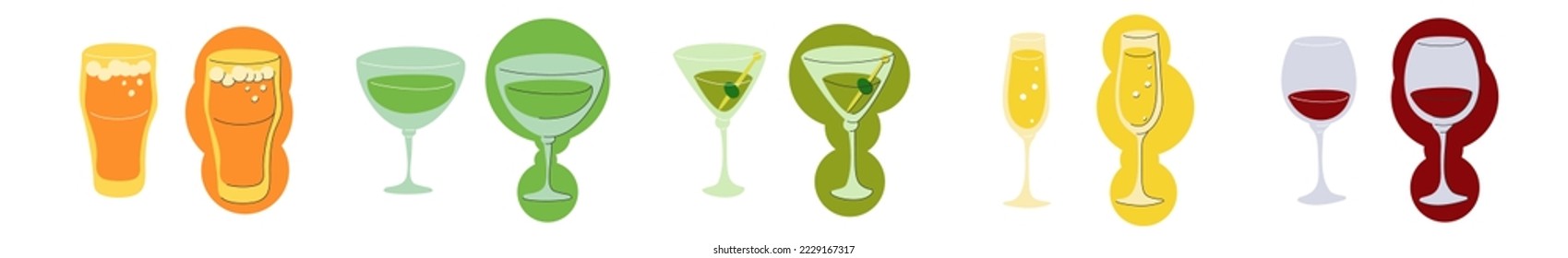 Beer vermouth martini champagne red wine glass on white background. Cartoon sketch graphic design. Flat style. Conditional colored hand drawn image. Party drink concept for restaurant, cafe. Freehand.