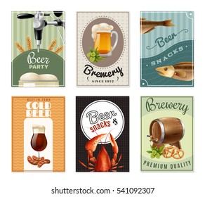 Beer vertical banners set with wheat filled mug fish glass potato lobster and wooden barrel vector illustration 