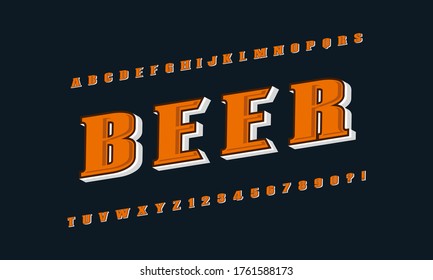 Beer, vintage alphabet font. Custom handwritten alphabet. Retro textured hand drawn typeface with 3d texture. Vector illustration. Letters and Numbers. Original Design. Vector illustration