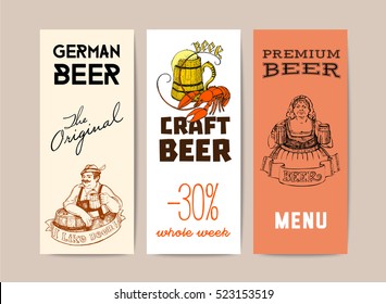 Beer, Vintage Frame Design For Labels, Banner, Sticker And Other Design. Vector Bar Template With Hand-drawn Graphic. Beer Flyer.