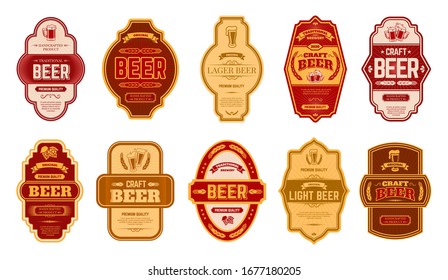 Beer vintage labels. Retro beers brewery badges, alcohol craft vintage lager can or bottle symbols vector isolated illustration set. Old label beer, typography premium badge lettering