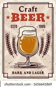 Beer vintage poster, glass with foam and bubbles vector illustration. Grunge textures and text on separate layers