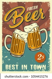 Beer Vintage Poster With Two Mugs. Vector Illustration.