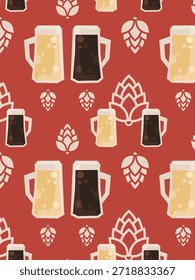 Patrón sin fisuras vintage de cerveza. Impresión gráfica simple de la bebida. Muchas tazas de cristal grandes, iconos de salto. Fondo de la bebida alcohólica. Concepto de cervecería artesanal. Conjunto de signos dibujados geométricos planos. Viejos colores retro Imagen