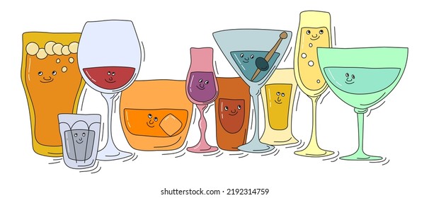 Beer Vodka Red Wine Whiskey Liquor Rum Martini Tequila Champagne Vermouth Glassware With Smile Face On White Background. Cartoon Sketch. Doodle Style With Black Contour Line. Cute Hand Drawn Glass.