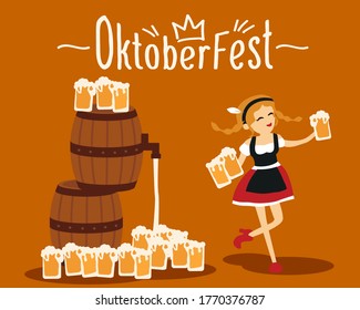 Beer waitress in traditional bavarian costume is dancing. Barrels of beer with a traditional bavarian hat. Oktoberfest beer festival. Vector illustration dancing girl with an accordion and beer.