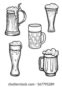 Beer ware set in retro style. Beer Mug and  Beer Glass silhouette doodle engraved collection.