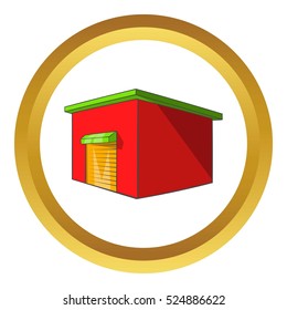Beer warehouse vector icon in golden circle, cartoon style isolated on white background